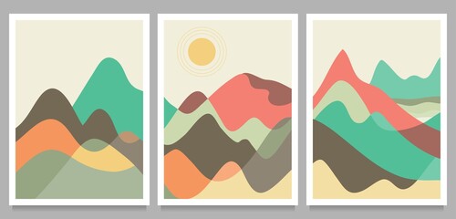 Flat design of Mid century modern minimalist art print. Abstract contemporary aesthetic backgrounds landscapes set with Sun, forest, mountains. vector illustrations