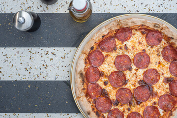 Tasty Italian pepperoni pizza. Top view, flat lay