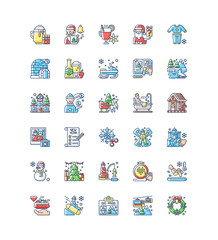 Winter fun RGB color icons set. Snow angel. Ice skating. Secret Santa. Mulled wine. Snowman, snowflake. Seasonal recreation activity. Christmas holiday. Festive season. Isolated vector illustrations