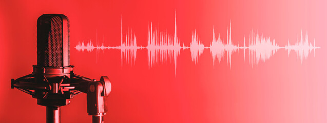 Microphone with waveform on red background, broadcasting or podcasting banner