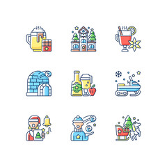 Winter season vacation RGB color icons set. Hot chocolate. Singing carol. Mulled wine. Ice fortress. Apple cider. Ice igloo. Singing carols. Christmas holiday. Isolated vector illustrations
