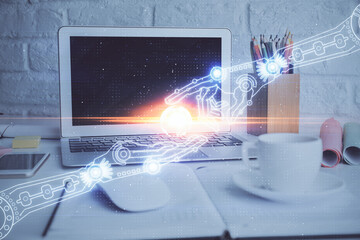 Double exposure of desktop with personal computer on background and tech theme drawing. Concept of...
