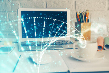 Desktop computer background and DNA drawing. Double exposure. Science concept.