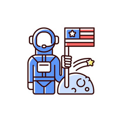 Space exploration RGB color icon. Human spaceflight. Investigation. Universe beyond Earth atmosphere. Crewed and uncrewed spacecraft. Robotic space probes. Isolated vector illustration