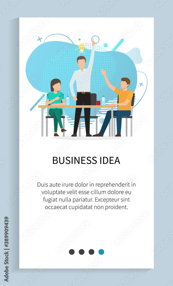 Poster business idea vector, innovation in company, solution for problem, man with lightbulb creating new c