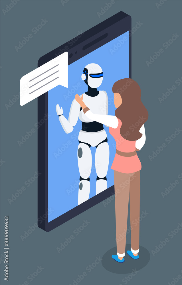 Poster mobile application, artificial intelligence. online chat with droid system. simulation of conversati