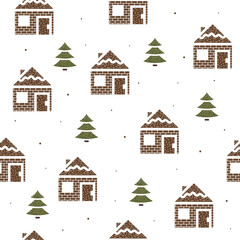 Seamless pattern of houses and fir trees in flat style on a white background.