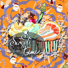  Orange holiday pattern illustration with cupcakes and inscription 'Sweet time'.