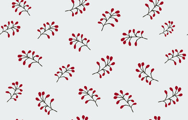 Seamless pattern with red barberry berries on branches on a blue background. Design for interior, background, fabric, textile, paper, decoration, design, packaging, wallpaper.