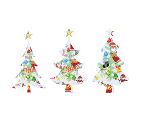 Christmas trees set with ornaments inside. Design, vector.