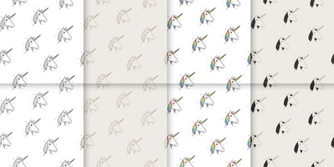 Large set of seamless patterns of unicorns in Victorian and modern style.