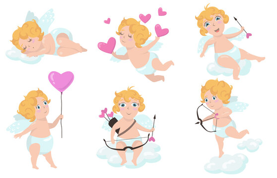 Cute Cupid baby angel flat item set. Cartoon drawing Amur boy with hearts, bow and arrows isolated vector illustration collection. Valentine day and love concept