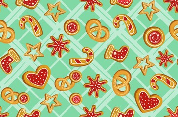 Winter seamless patterns with gingerbread cookies. Awesome holiday background. Christmas repeating texture for surface design, wallpapers, fabrics, wrapping paper etc. Vector illustration