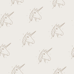 Seamless pattern of unicorns in modern style on a tan background.