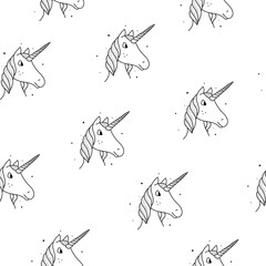 Seamless pattern of unicorns in a vintage style on a white background.