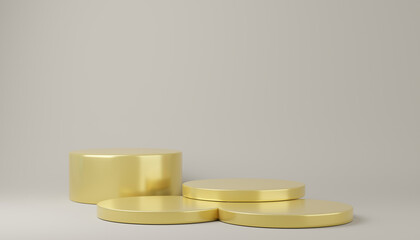 3d rendered with geometric step gold cylinder podium platform for cosmetic pedestal product presentation.Mock up design empty space. Abstract composition in background modern style