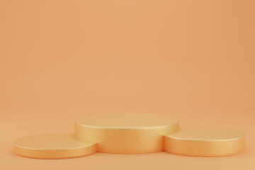 3d illustration with geometric shapes. steps orange cylinder podium platforms for cosmetic product presentation. mock up minimal design with empty space. 