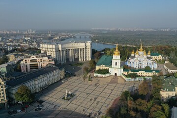 Europe, Kiev, Ukraine - November 2020: Aerial view of St. Michael's Church. Mikhailovskaya Square from above. Church domes. The building of the Ministry of Foreign Affairs of Ukraine.