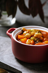 Vegan food, chickpeas stewed with vegetables