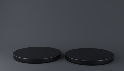 Black cylinder podiums grey background. Abstract pedestal scene with geometrical. Scene to show cosmetic products presentation. design empty space,Showcase,shopfront,display case,3d illustration