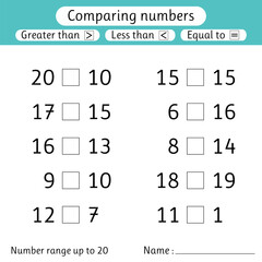 Comparing numbers. Less than, greater than, equal to. Number range up to 20. Preschool, elementary school. Worksheets for kids