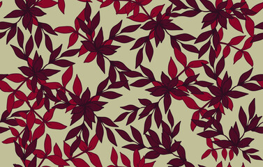Seamless pattern with red, pink leaves on a gray background. Design for interior, background, fabric, textile, paper, decoration, design, packaging, wallpaper.