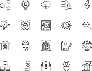 technology vector icon set such as: knowledge, upload, lightbulb, building, gps, btc, targeting, button, crime, future, education, circuit, recovery, location, send, tool, travel, control, personal