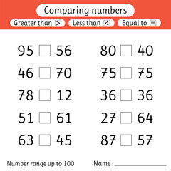 Comparing numbers. Less than, greater than, equal to. Number range up to 100. Preschool, elementary school. Worksheets for kids