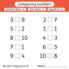 Comparing numbers. Less than, greater than, equal to. Worksheet for kids. Number range up to 10. Preschool, elementary school