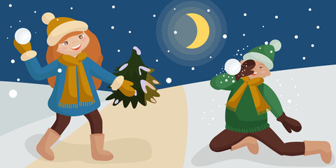 Funny children play snowballs in the winter outdoors. Moon, Christmas tree, mittens, valenki. New year vector.
