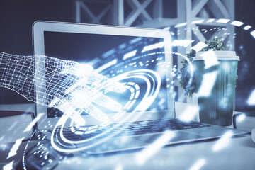 Multi exposure of desktop with personal computer and tech theme drawing. Concept of Bigdata.