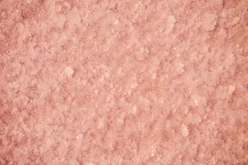 Crystals of pink salt at the bottom of the lake through pink water. Salt background in defocus