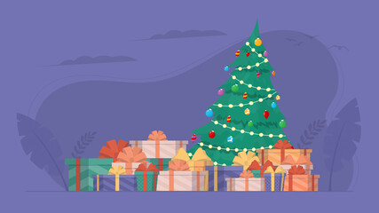 Fototapeta na wymiar New Year banner with Christmas tree and gifts. Green coniferous tree. Gifts under the tree. Vector.