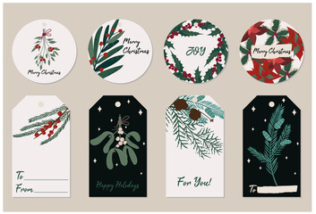 Beautiful Christmas gift tags with festive plants and florals. Vector hand drawn illustration of fir pine needles, mistletoe, holly and berries. Stylish flat elements for your design.    - obrazy, fototapety, plakaty