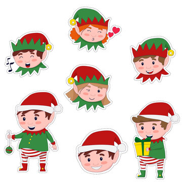 Vector illustration: set of cute Christmas elves stickers. Santa's helpers.