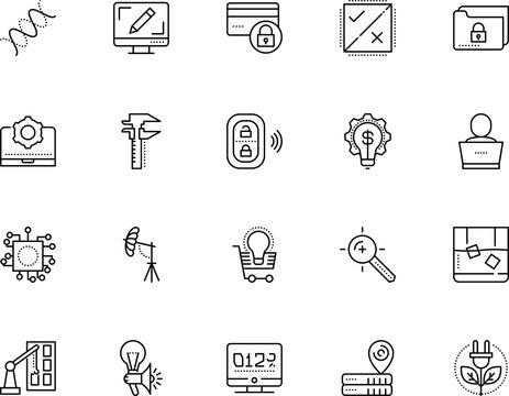 technology vector icon set such as: chip, multimedia, money, keyword targeting, photography, smart, keyword, document, banking, chromosome, globe, marker, desktop, buy, intelligence, second