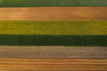 Aerial view of cultivated agricultural fields in countryside from drone pov, top view