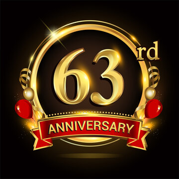 63rd anniversary logo with golden ring, balloons and red ribbon. Vector design template elements for your birthday celebration.