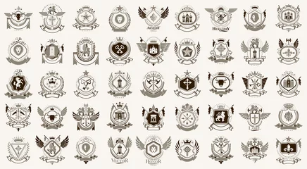 Fotobehang Heraldic Coat of Arms vector big set, vintage antique heraldic badges and awards collection, symbols in classic style design elements, family or business logos. © Sylverarts