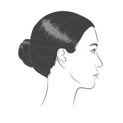 Asian Woman face. Black and white line sketch front portrait