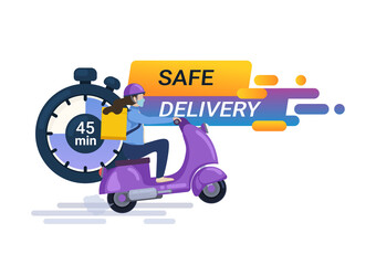 Safe delivery banner. Online food delivery service, online order tracking, delivery home and office. Scooter delivery isolated on white.