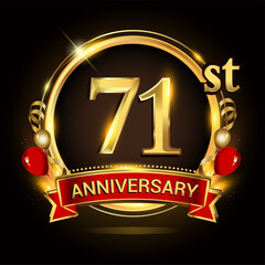 71st anniversary logo with golden ring, balloons and red ribbon. Vector design template elements for your birthday celebration.