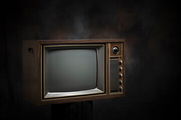 Retro old TV in dark room, black background.