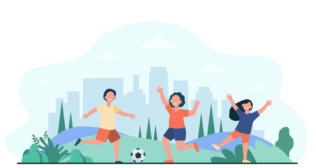Happy active children playing football outdoors flat vector illustration. Cartoon child characters running with soccer ball. Sport game and playground concept