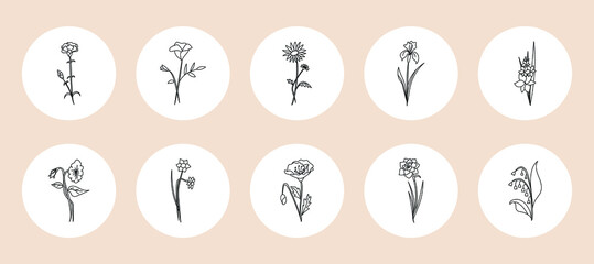 Set of feminine floral story highlight cover. Abstract line flower icons for social media hand drawn minimalist style. Boho vector illustration