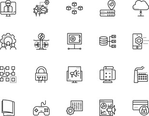 technology vector icon set such as: cluster, company, news, development, insurance, interface, studying, study, email, teamwork, check, electric, tweaks, trade, knowledge, node, growth, book, account