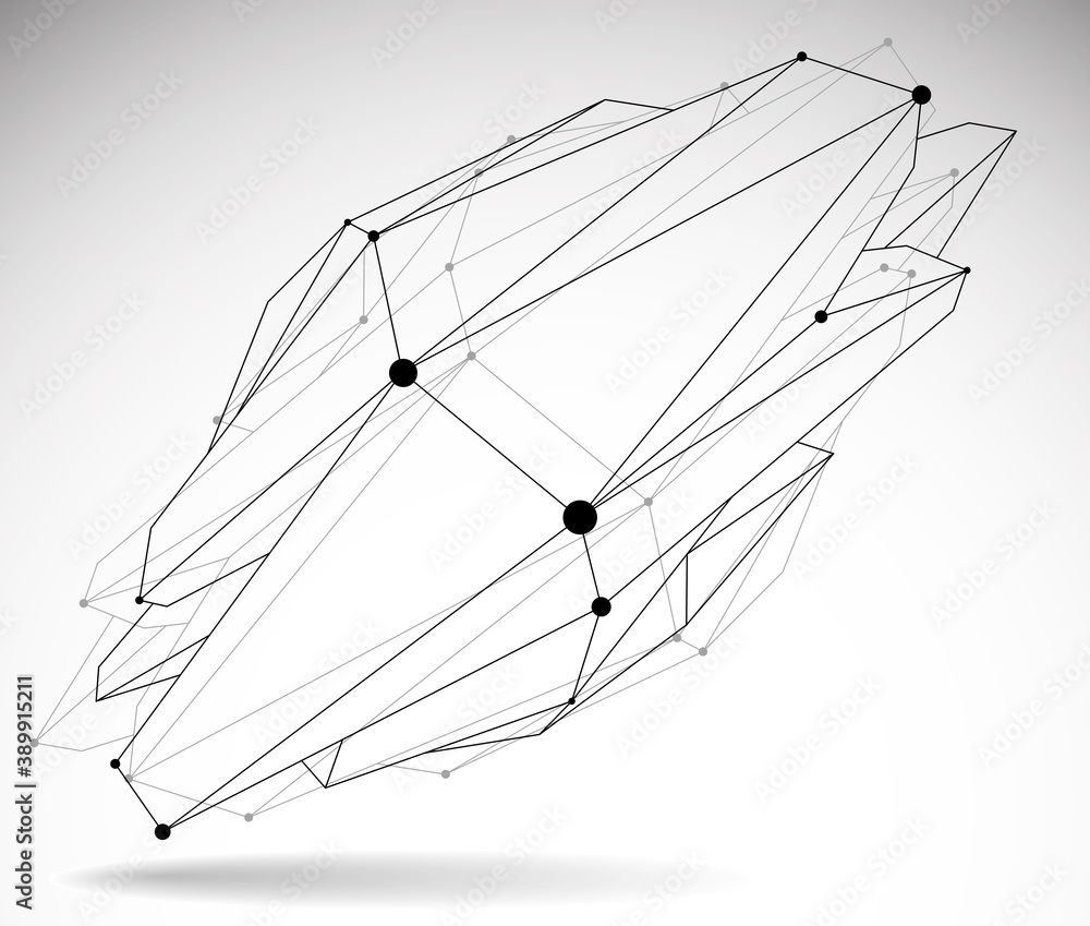 Poster dimensional lattice mesh vector abstraction, 3d polygonal design abstract shape isolated over white,