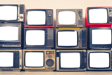 Pile of old retro TVs with cut out screen in room, clipping path, vintage filter effect