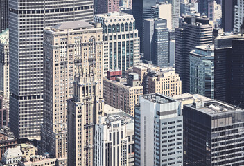 Aerial view of diverse architecture of New York City, color toning applied, USA.