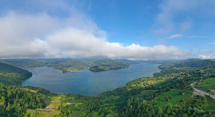 Aerial view of mountain lake, summer panorama